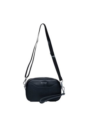 Borsa a tracolla nera in pelle con chiusura a zip, tracolla staccabile e dettagli metallici in argento. Superficie testurizzata con logo impresso in modo discreto.