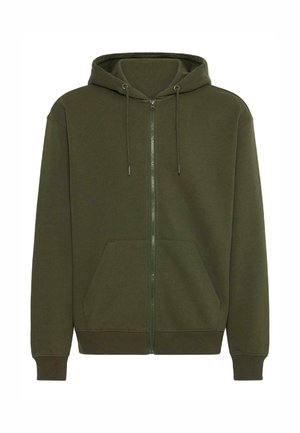 Grüne Zip-Hoodie aus weichem Stoff, mit Kapuze mit Kordelzug, Kängurutaschen, gerippten Bündchen und einem glatten Reißverschlussdetail.