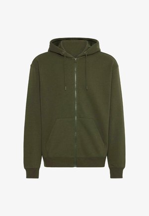 Žalia užtrauktuku užsegama džemperis, pagamintas iš minkštos medžiagos, su raištelių gobtuvu, kengūros kišenėmis, įlenktais rankogaliais ir lygiu užtrauktuko detalėmis.