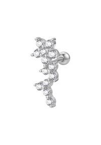 Orecchino a bottone in argento con molteplici gemme trasparenti disposte in un motivo a zigzag. Finitura metallica liscia con accenti lucidi.