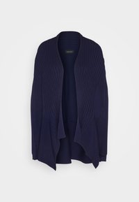 Cardigan marine, texture côtelée, design à ouverture frontale, silhouette drapée, tissu doux, sans fermetures, léger et polyvalent pour la superposition.