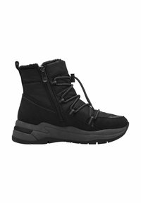 Bottine noire avec un dessus en matériau doux, des lacets texturés, une fermeture éclair sur le côté et une semelle en caoutchouc épaisse pour un soutien et un confort optimal.