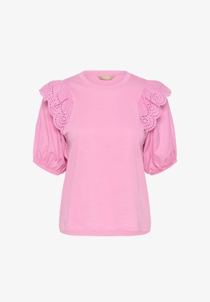 Roza kratka bluzica s kratkimi pufi rokavi in robom iz čipke z očesci z nazobčanimi robovi na ramenih, z okroglim izrezom in sproščenim krojem.