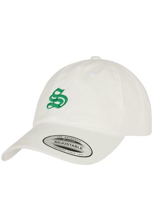 White adjustable baseball cap made of cotton featuring a green embroidered logo on the front and a curved brim. Tag labeled "Adjustable."