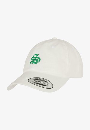 White adjustable baseball cap made of cotton featuring a green embroidered logo on the front and a curved brim. Tag labeled "Adjustable."