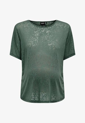 Ciemnozielona bluzka ciążowa z krótkim rękawem, delikatnym kwiatowym wzorem i okrągłym dekoltem, wykonana z lekkiego, półprzezroczystego materiału.