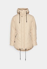 Beige dunjakke med hette, som har svarte snorene, trykknapper og to sidelommer. Glatt tekstur og midtlengde design.
