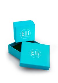 Teal gaveæske med hvid branding, med låg og bunddesign. Indvendigt foret med mørkegrønt materiale. Æsken har et moderne udseende.