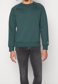 Groene sweatshirt met een ronde halslijn, ribgebreide mouwen en zoom, en een klein logo op de linker mouw; gemaakt van een zachte, gestructureerde stof.