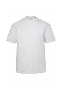 Camiseta de algodón blanca de manga corta con cuello redondo, corte recto y diseño minimalista. Presenta un logo en el cuello interior y en la manga.