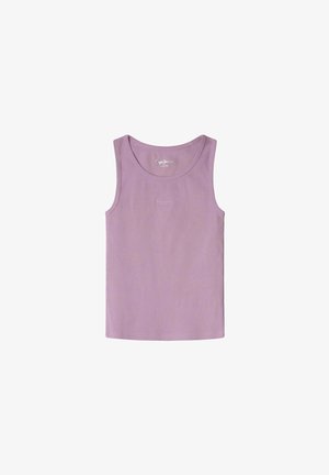 Lilla ribbet tanktop med rund hals og lige kant. Subtil logo-detail i midten. Fremstillet af blødt, åndbart stof.