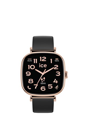 Smartwatch quadrato con cinturino nero e cornice in oro rosa che mostra ora, data, livello batteria, conteggio passi e icone fitness su schermo nero.