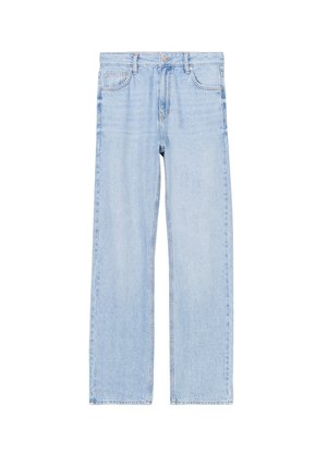 Jean large bleu clair en denim. Dispose d'un design standard à cinq poches avec un bouton de fermeture et des passants de ceinture.