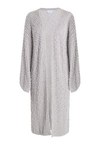 Cardigan a maglia grigia chiara con tessuto testurizzato, apertura anteriore e maniche lunghe leggermente a palloncino. Presenta una vestibilità comoda e nessuna chiusura.