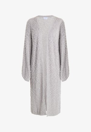 Jasnoszary sweter kardigan z teksturowanej tkaniny, z otwartym przodem i długimi, lekko bufkami rękawami. Posiada luźny krój i brak zapięć.