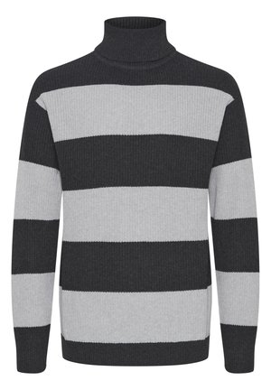 Knitted turtleneck sweater in dark gray and light gray stripes. Features a ribbed texture and long sleeves. No visible hardware or accents.