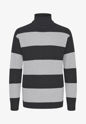 Strikket høyhalset genser i mørkegrå og lysegrå striper. Har ribbestrikket tekstur og lange ermer. Ingen synlige detaljer eller pynt.