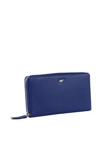 Portafoglio blu in pelle con una texture liscia, chiusura a zip e decorazione del logo argentato sul davanti. Forma rettangolare.
