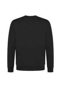 Sudadera negra con cuello redondo, mangas largas y un diseño liso con puños y dobladillo acanalados. Textura de tejido suave.