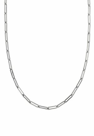 Collar de cadena de plata con eslabones ovalados entrelazados y alargados, con un acabado pulido y una textura suave.