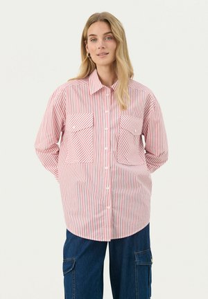 Red and white striped button-up shirt with a collar, two front pockets, and a loose fit, made from a lightweight fabric.