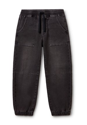 Jogging en jean noir à taille élastique avec poches plaquées devant, cordon de serrage, détails sur les coutures aux genoux et poignets élastiques.