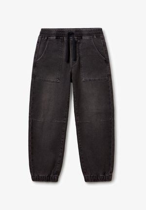 Czarne jeansowe joggery z elastycznym pasem, przednimi kieszeniami naszywanymi, wiązaniem na sznurek, detalami szwów na kolanach i elastycznymi mankietami.