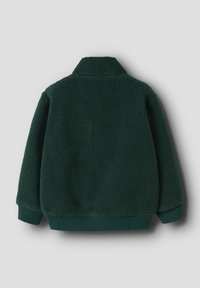 Green fleece jacket with a textured, soft exterior. Features a high collar and ribbed cuffs and hem. No visible fastenings.