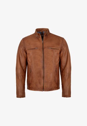 Braune Lederjacke mit Stehkragen, zwei Reißverschlusstaschen auf der Brust und zwei Seitentaschen, mit glatter Textur und taillierter Passform.