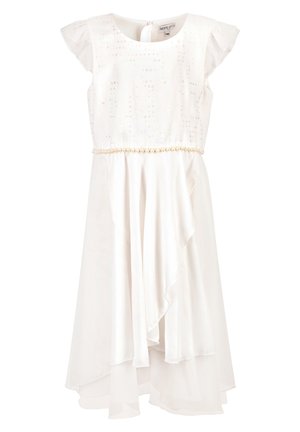 Hvid ærmeløs pige kjole med paliet-bodice, perle taljebånd og lagdelt asymmetrisk chiffon nederdel.