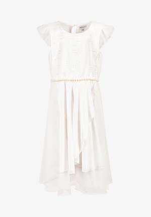 Hvid ærmeløs pige kjole med paliet-bodice, perle taljebånd og lagdelt asymmetrisk chiffon nederdel.