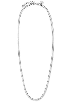 Zilveren metalen ketting met een gladde, flexibele ontwerp. Bevat een kettingverlenging en een ronde sluiting voor verstelbare lengte.