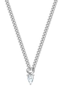 Collana d'argento con un design a catena spessa e un pendente di pietra preziosa trasparente a forma di pera, sicuro grazie a un accento metallico circolare.