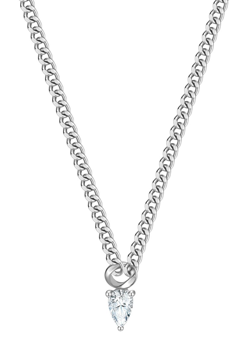 Collana d'argento con un design a catena spessa e un pendente di pietra preziosa trasparente a forma di pera, sicuro grazie a un accento metallico circolare.