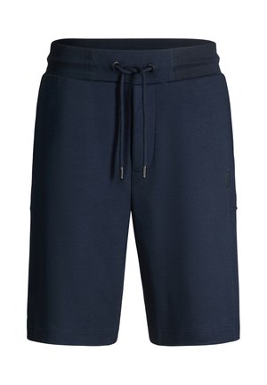 Pantaloncini da uomo blu navy fino al ginocchio con fascia elastica in vita e coulisse frontale, con un piccolo logo laterale sulla gamba destra.