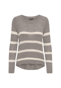 Suéter de punto gris con rayas horizontales blancas, escote redondeado, mangas largas y un dobladillo ligeramente caído en la parte trasera.