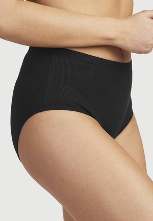 High-waisted black ribbed briefs with a smooth texture and elastic waistband, designed for comfort and coverage.