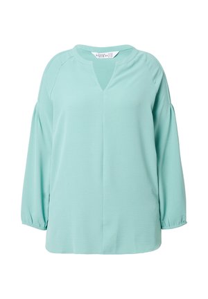 MintgrüBluse mit V-Ausschnitt, Raglanärmeln und gerafften Manschetten. Hergestellt aus weichem Stoff mit glatter Textur und minimalistischer Gestaltung.