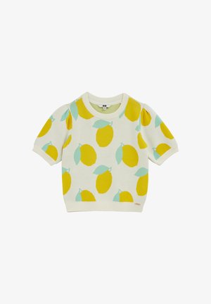 Pull à manches courtes couleur crème avec un motif citron en jaune et bleu-vert clair. Présente un col côtelé et un tissu en maille texturée.