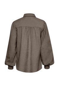 Brown button-up shirt with a back pleat, long voluminous sleeves, and a classic collar. Soft texture, smooth fabric, and relaxed fit.