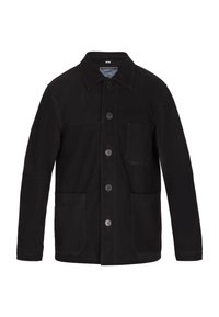 Veste noire en tissu doux, dotée d'un col pointu, de boutons sur le devant, de deux grandes poches et d'une coupe structurée.