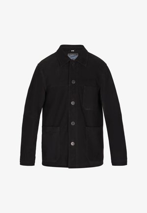 Črna jakna iz mehke tkanine, z ovratnikom v obliki pika, sprednjimi gumbi, dvema velikima žepoma in strukturiranim krojem.