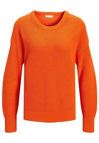 Pomarańczowy sweter wykonany na drutach z okrągłym dekoltem, ściągaczami u rękawów i na dole, oraz luźnym krojem. Tekstura charakteryzuje się widocznym wzorem dzianiny.