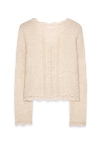 Jersey de punto en beige claro con un dobladillo en forma de ondas, mangas largas y un intrincado patrón de encaje a lo largo del centro. Tejido suave y texturizado.