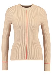 Beige geribd gebreide trui met lange mouwen, voorzien van een centrale rode streep en rode accenten op de manchetten. Ronde halslijn, aansluitende pasvorm.