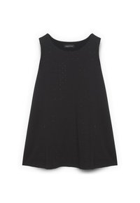 Czarny top bez rękawów z okrągłym dekoltem, wykonany z miękkiej tkaniny, z równomiernym wzorem cekinów na przodzie dla subtelnego zdobienia.