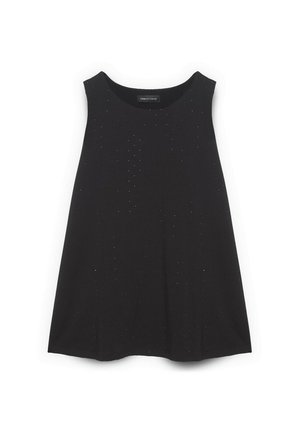 Czarny top bez rękawów z okrągłym dekoltem, wykonany z miękkiej tkaniny, z równomiernym wzorem cekinów na przodzie dla subtelnego zdobienia.