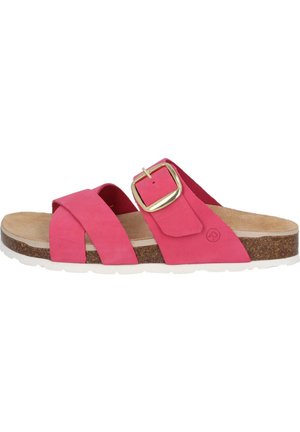 Pink suede slide sandal featuring a wide strap design, gold buckle accent, cork midsole, and white rubber outsole.