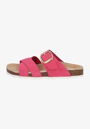 Pink suede slide sandal featuring a wide strap design, gold buckle accent, cork midsole, and white rubber outsole.