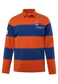 Langarm-Polohemd in orange und navyblauen Streifen, mit Kragen, Knopfleiste, gesticktem Logo und maritimen Akzenten.